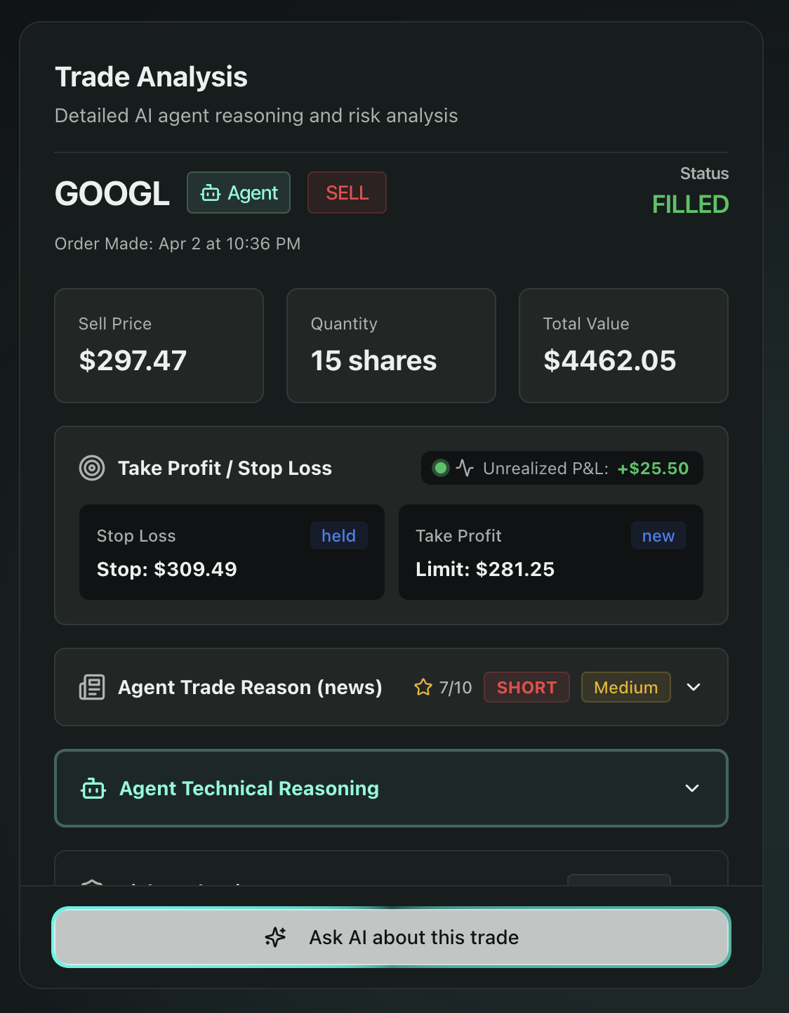 Autonomous trading — trade detail view